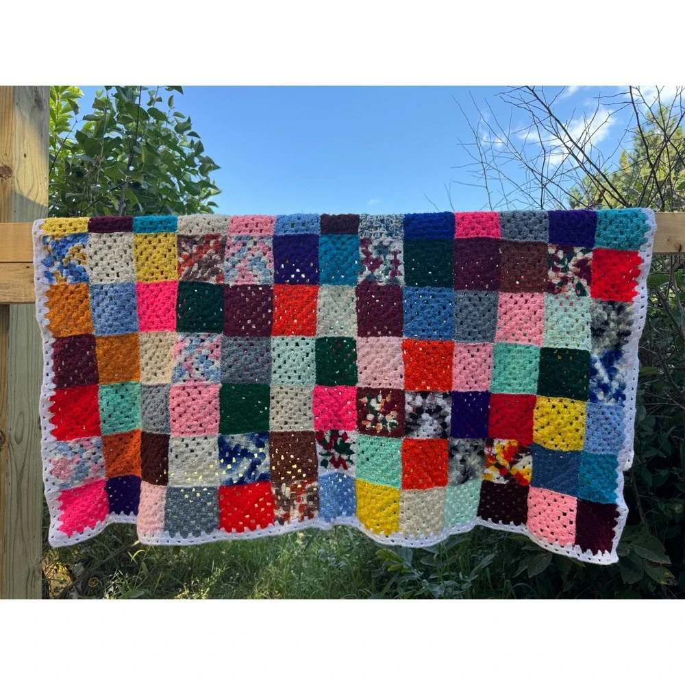 Vintage Handmade Crochet Granny Square Afghan Blanket Multi Color Throw 55x52